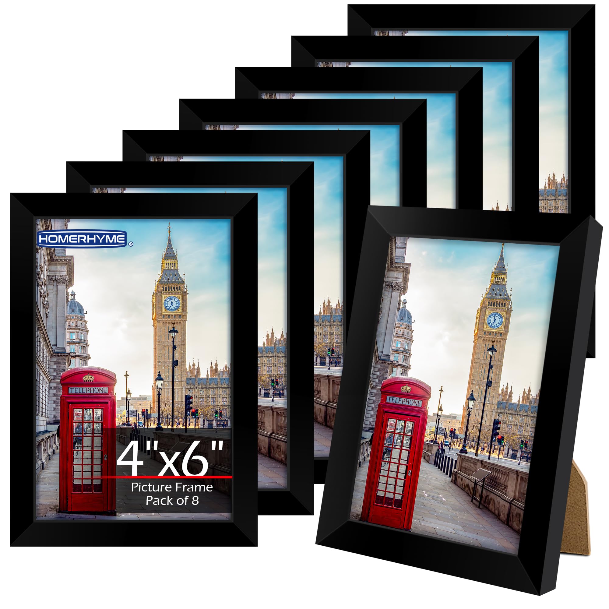 HOMERHYME 4x6 Picture Frame 8 Pack, 4 by 6 Black Frame for Wall or Tabletop Display, Lightweight Poster Photo Frame Collage with HD Plexiglass, Horizontal or Vertical for Gallery Wall Home Décor