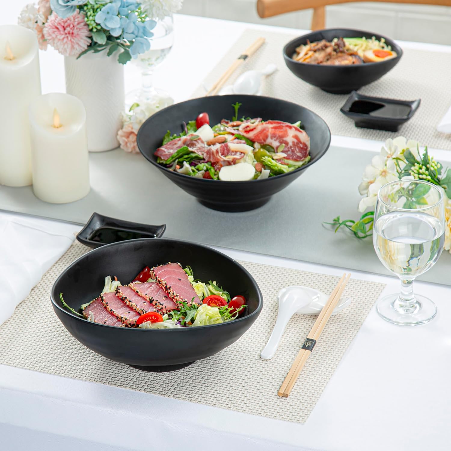 Restaurantware Voga 44 Ounce Serving Bowls 2 Premium Dinner Bowls - Top Rack Dishwashable Unique Black Melamine Salad Bowls Serve Hot And Cold Foods For Parties Or Events