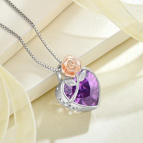 Miniatura 5 de Love Heart Birthstone Necklace for Women 925 Sterling Silver Rose Flower Necklace Dainty Jewelry Gifts for Women Wife Girlfriend Mother Daughter Her