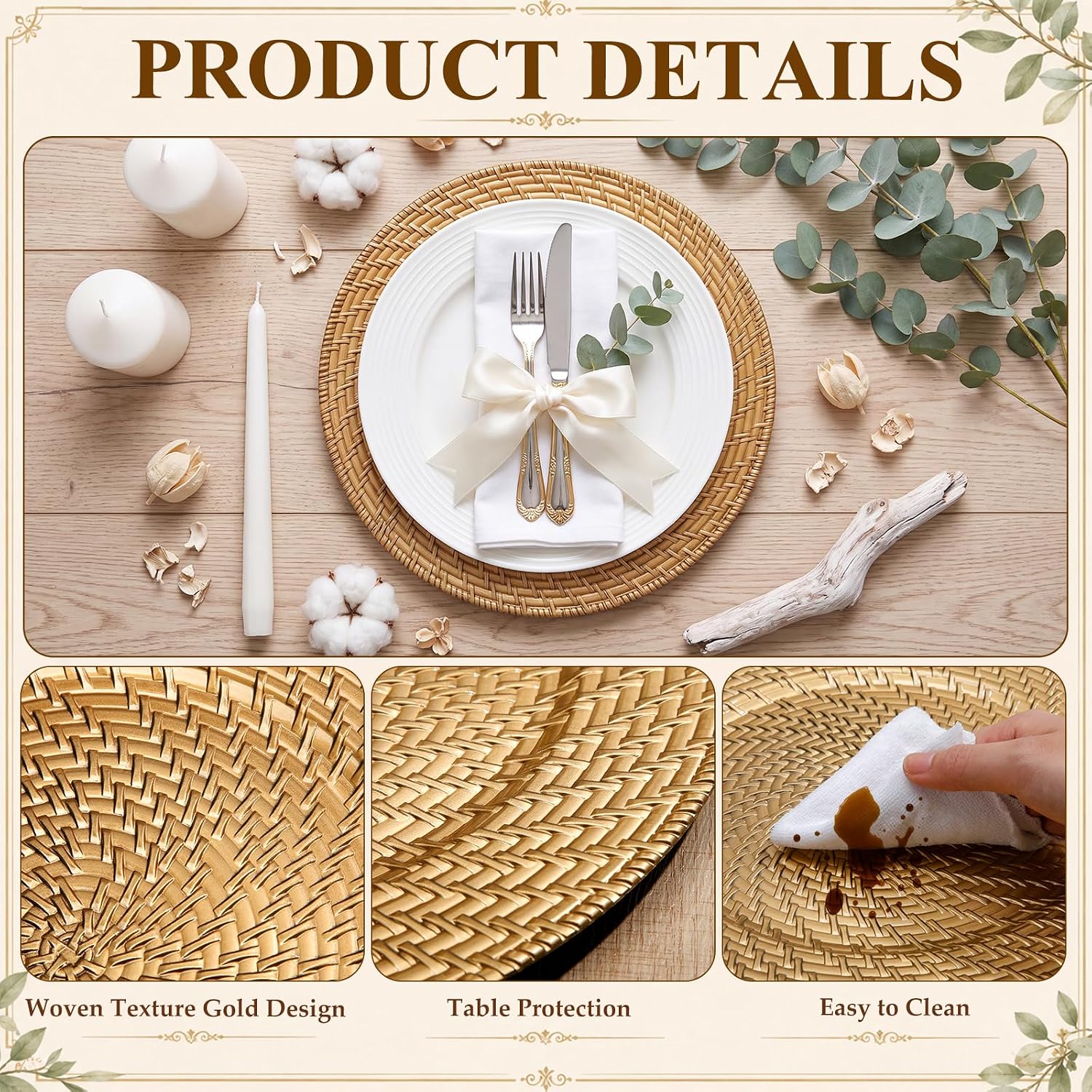 13 Inch Charger Plates Set of 24 Gold Plastic Faux Rattan Woven Texture Round Decorative Plate Chargers for Dinner Wedding Party Banquet Table Decor Thanksgiving Christmas (Gold,Stylish)