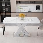 47.24"-62.99" Extendable Dining Table for 4-6, Modern Rectangle Stretchable Kitchen Table, White Marble Print Tabletop, MDF X-Shape Legs with Metal Base for Dining Room, Chair Not Included