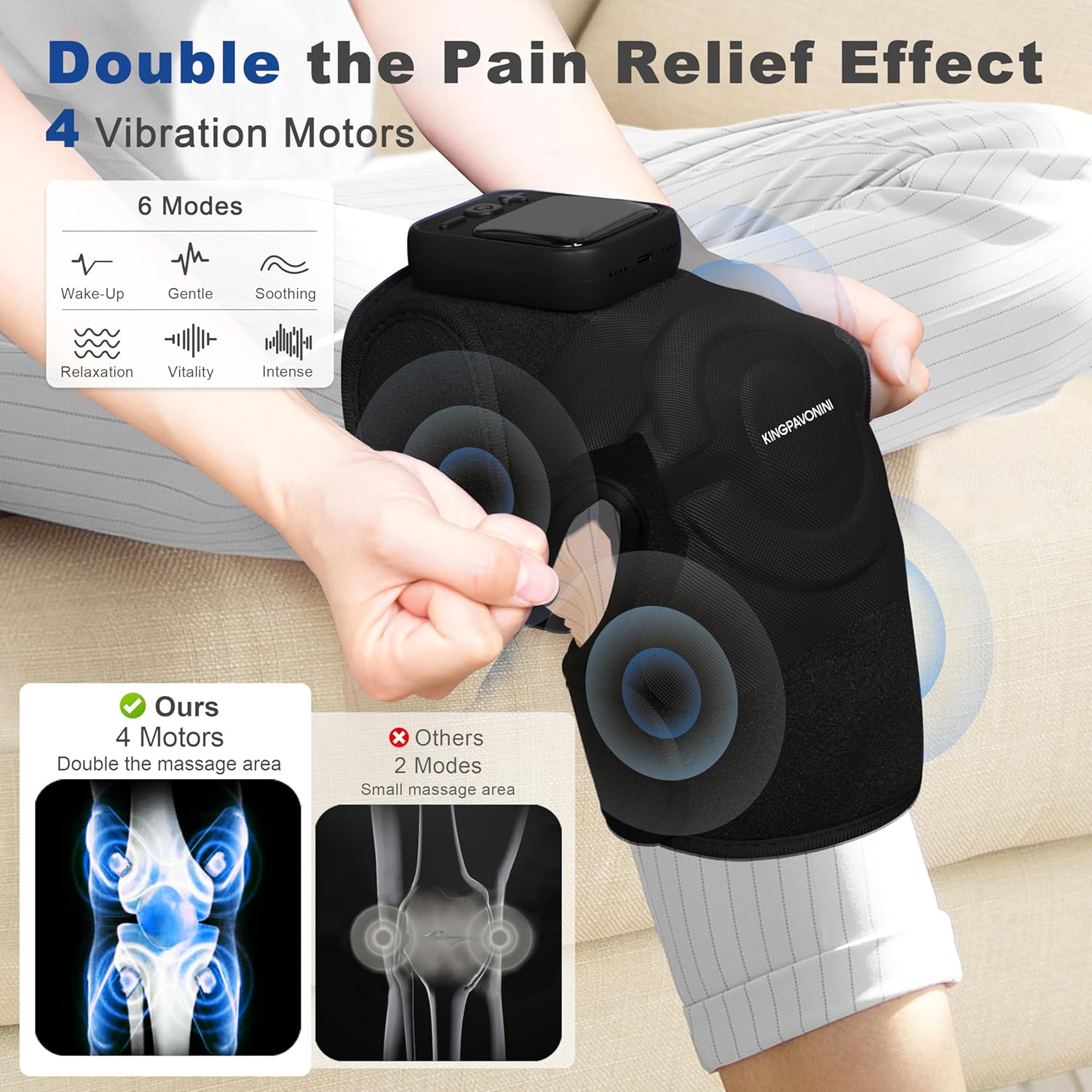 kingpavonini cordless knee massager for pain relief, newly 4 motors vibration, 5 heat levels, 6 massage modes, knee heating pad for knee pain, heated knee massager brace, gifts for mom dad (black 1.0)