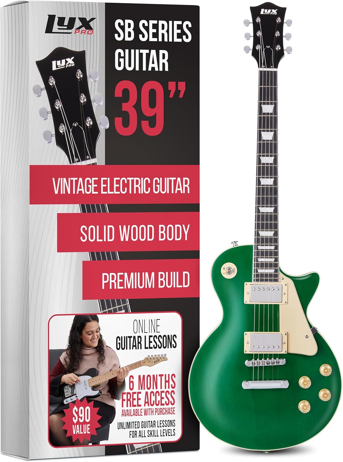 LyxPro 39” SB Series Electric Guitar, LP Style for Beginner, Intermediate & Pro Players Solid Body Guitar, Bonus 2-Pack of Picks, Mahogany Wood, Volume/Tone Controls, 3-Way Pickup - Green