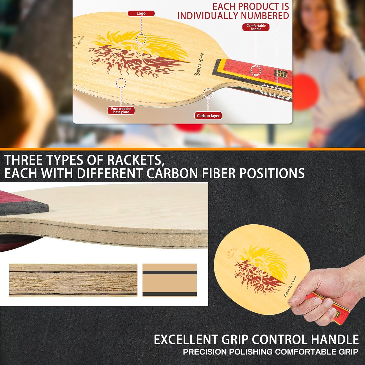 YAN-Wang Professional Ping Pong Paddle,Oneside is External and Otherside is Built-in Arylate Carbon Table Tennis Racket,for Intermediater and Advanced Players or Enthusiast (Single Racket)