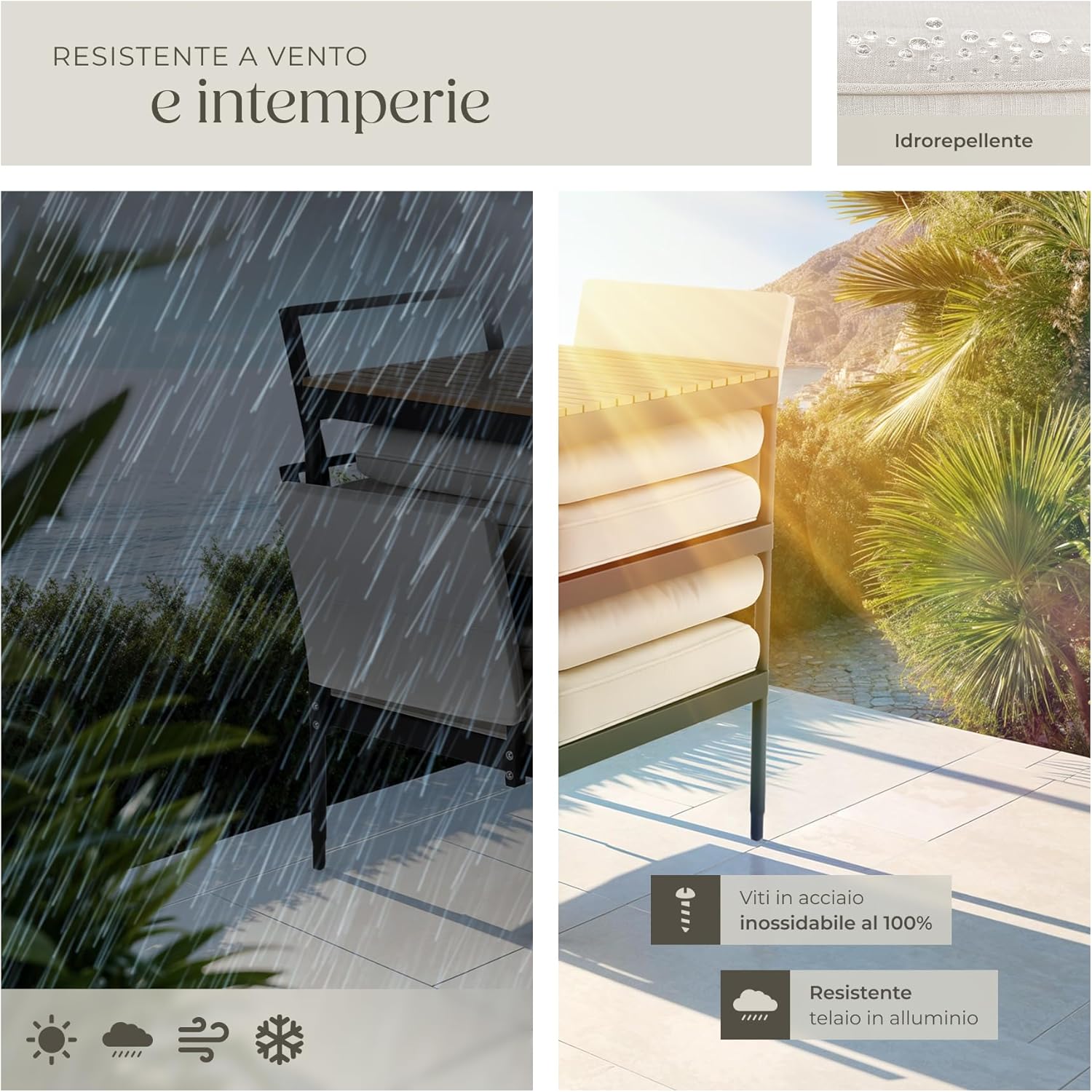 Images demonstrating the weather resistance of the tectake garden lounge set, showing rain falling on the furniture and cushions stacked, highlighting the water-repellent fabric and stainless steel screws.