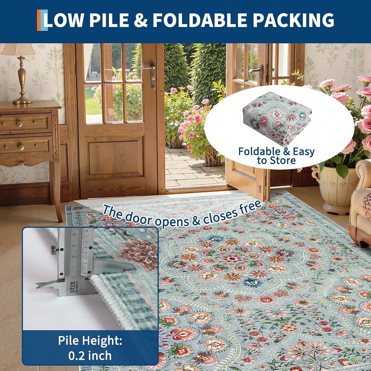 Garvee Floral 10x13 Washable Rug for Living Room, Indoor Farmhouse Non Slip Area Rug for Bedroom, Low Pile Stain Resistant Large Nursery Rugs, Ultra Thin Throw Carpet for Dining Room, Grey Green