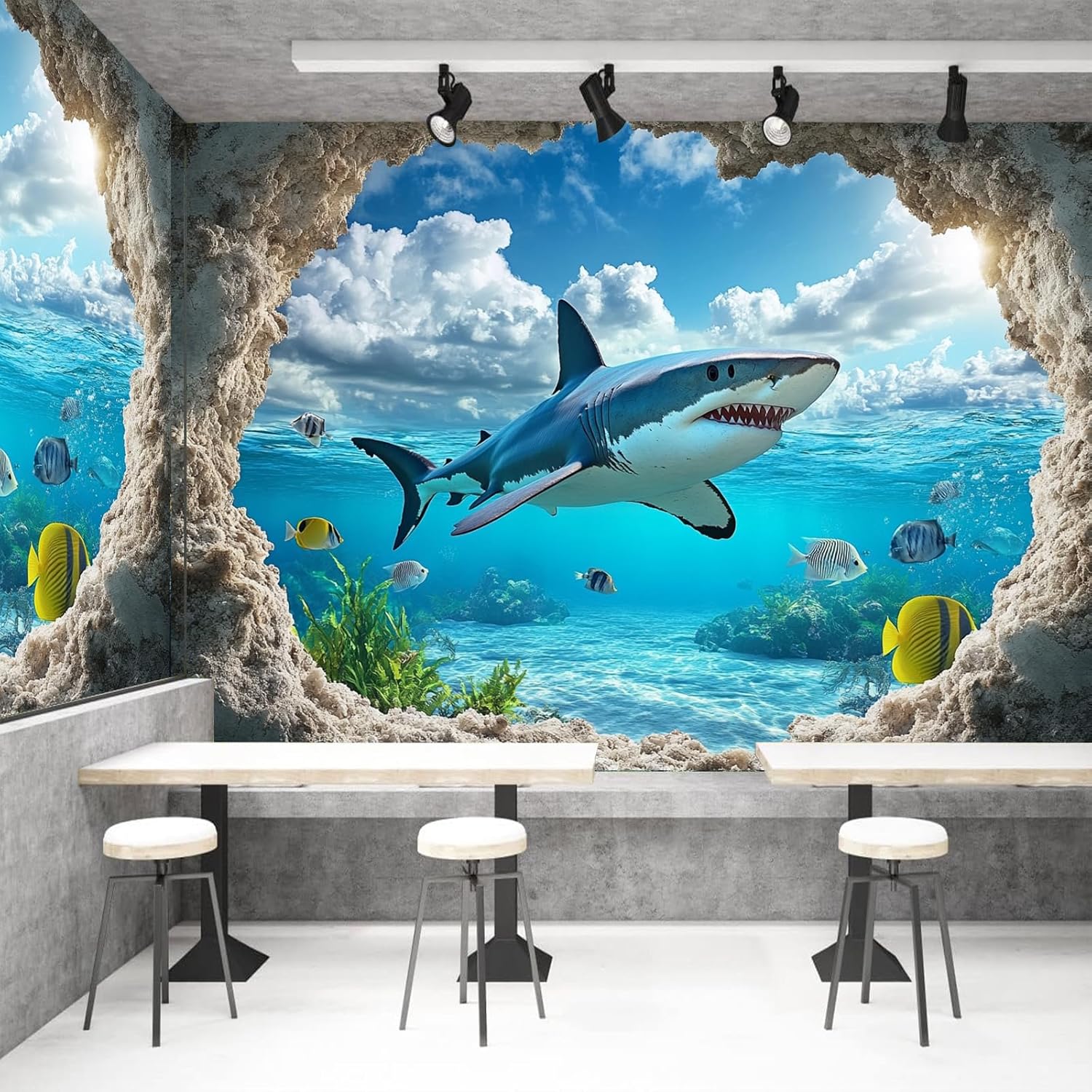 FENDROM Blue Ocean Shark Tapestry Tropical Fish and Coral in Undersea Deep Abyss With Blue Sunlight Landscape Wall Hanging for Bedroom Living Room Kids Tree Dorm Party Decor