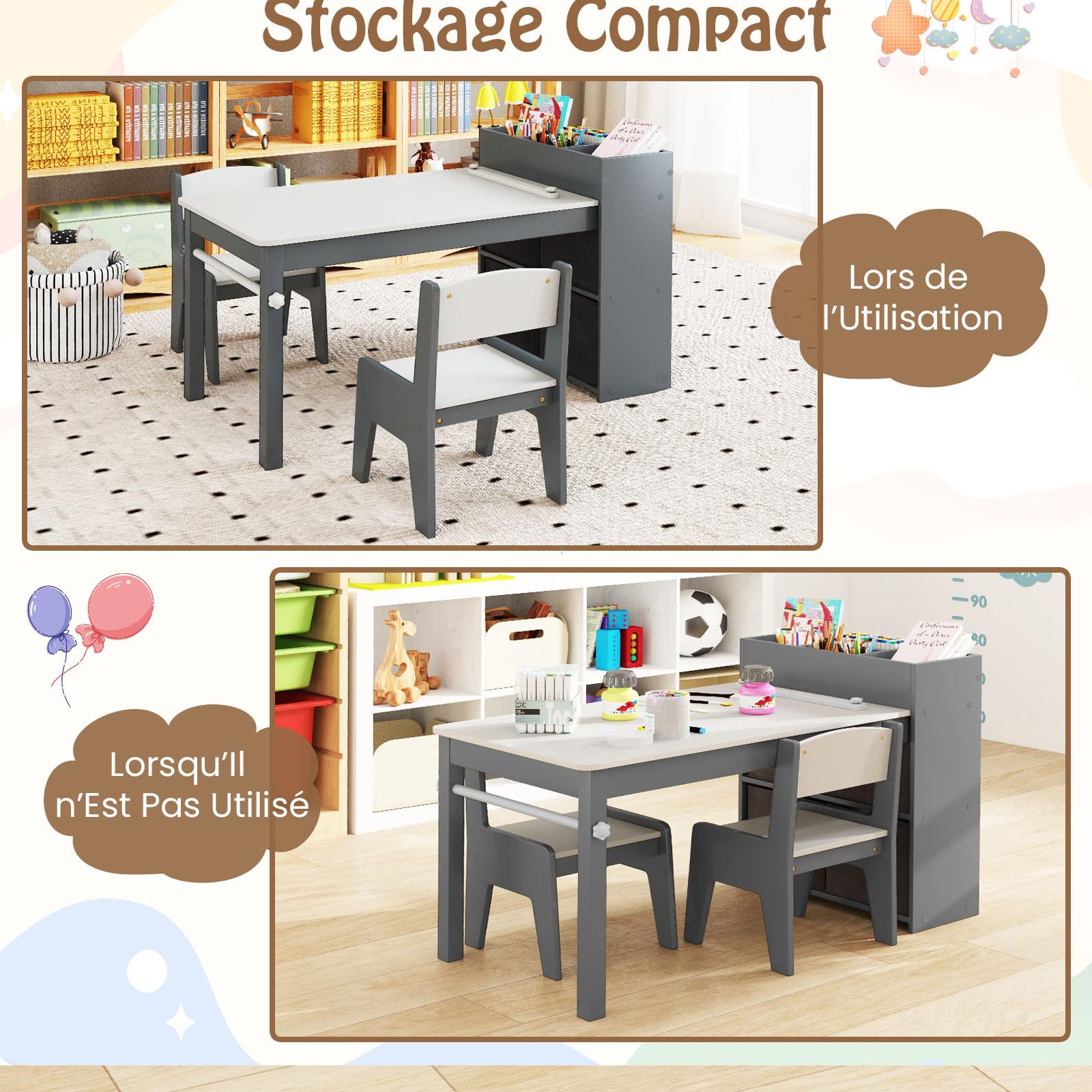 COSTWAY Bureau Enfant en Bois avec 2 Chaises & Rouleau de Papier, Table Enfant avec 4 Bacs en Tissu & 4 Compartiments & Étagères Ouvertes, Table à Dessin pour 3 Ans+, Charge 50/60kg (Gris)