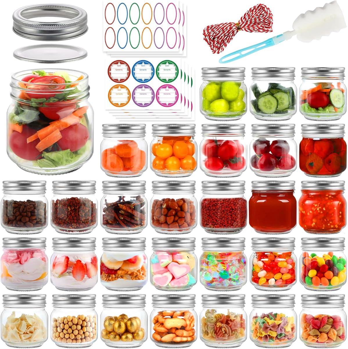 30 Pack Mason Jars 8 oz with Lids, Half Pint Canning Jars | Small Glass Jars with Lids and Bands for Honey Jelly Jam Crafts