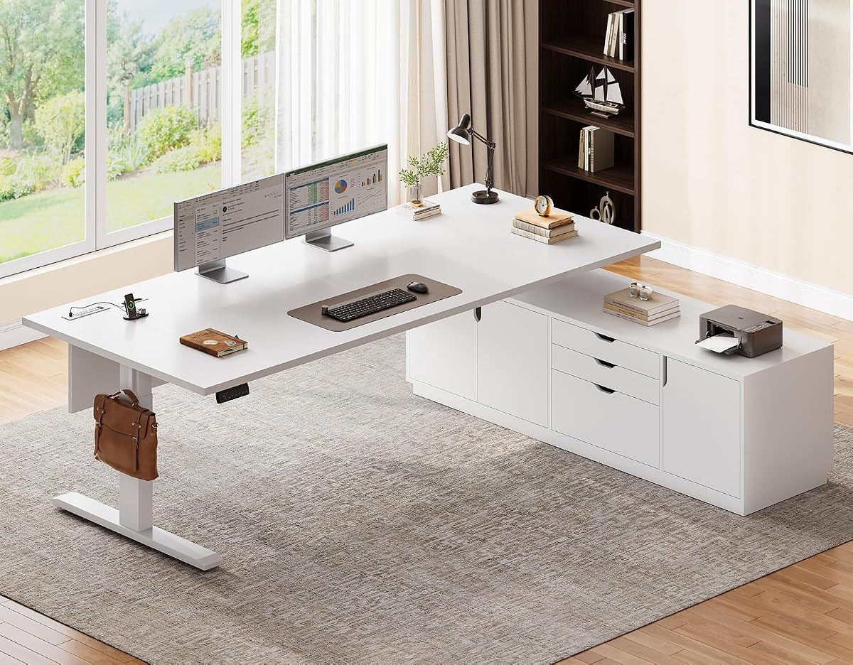 71" Executive Large L Shaped Electric Standing Desk, White | Height Adjustable Executive Desk with 3 Drawers and Cabinet,Sit Stand Up Home Office Desk with Power Outlets & Side Hook