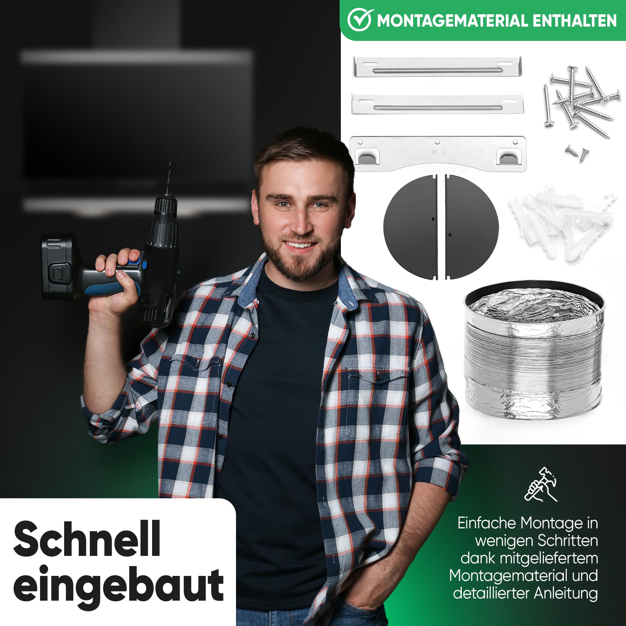 Bomann Dunstabzugshaube 60 cm | Umluft & Abluft | Energieeffizienzklasse B | leise | Abzugshaube mit 3 Leistungsstufen | inkl. Montagematerial | Schwarz | DU 7610 G