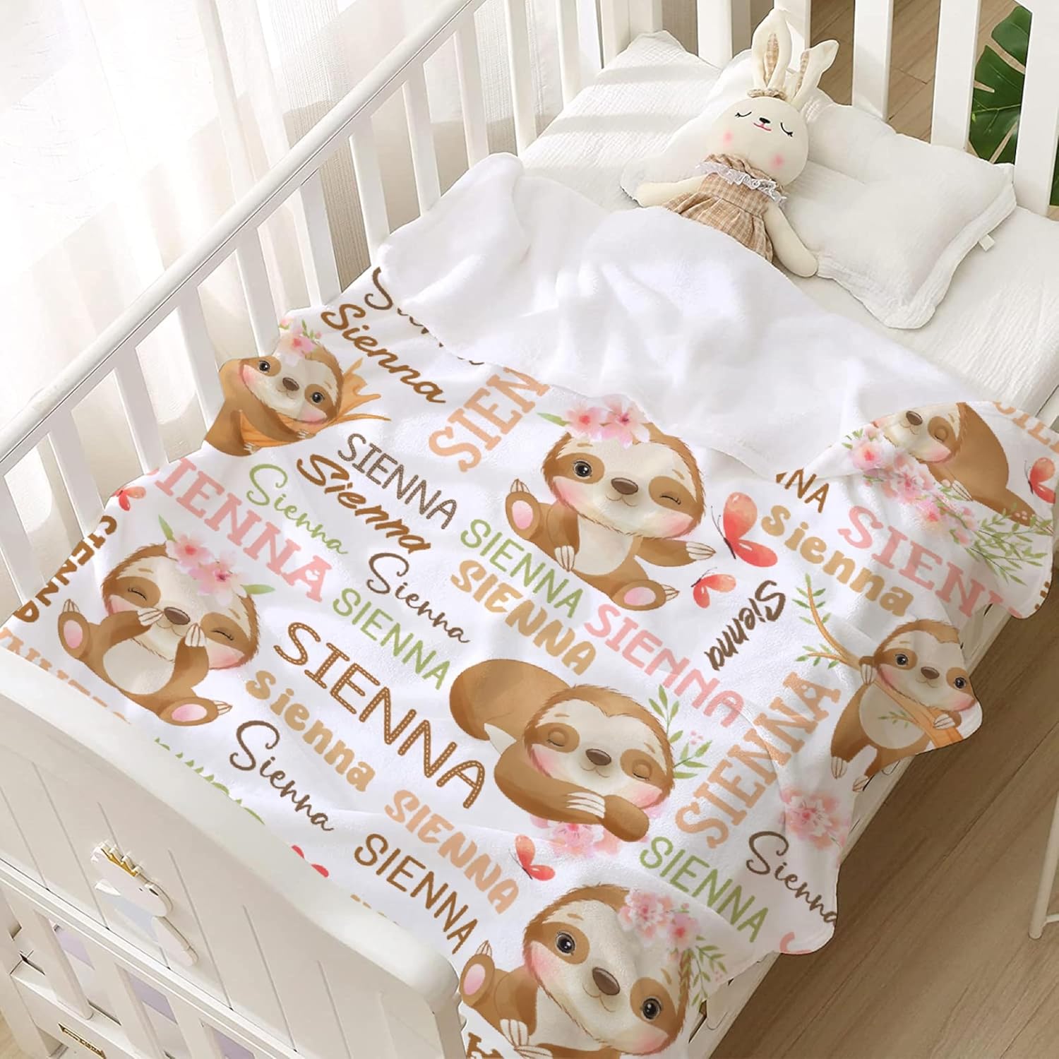 Personalized Sloth Baby Blanket with Name - Soft Flannel Throw for Girls, Boys, Toddlers & Newborns - Custom Gift for Birthday or Baby Shower