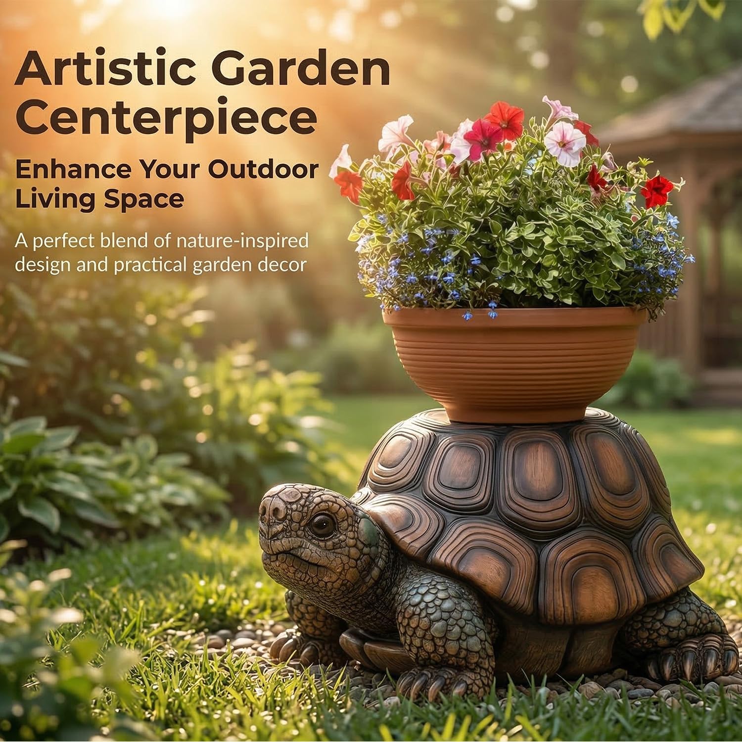 18" Garden Turtle Statue, Outdoor Resin Turtle Animal Sculpture Patio Seat for Lawn, Yard, Porch, Simulated Art Piece (Brown)