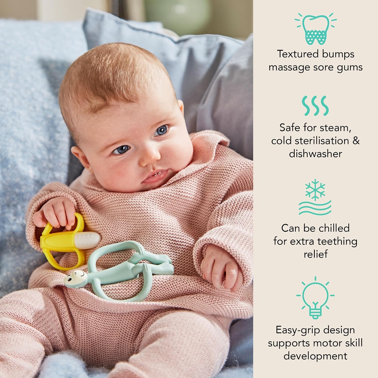 Matchstick Monkey Teething Gift Set for Babies – Includes Banana Soother & Monkey Teether, Easy-to-Grip BPA-Free Silicone for Teething Relief & Oral Development, 3 Months+, Mint Green