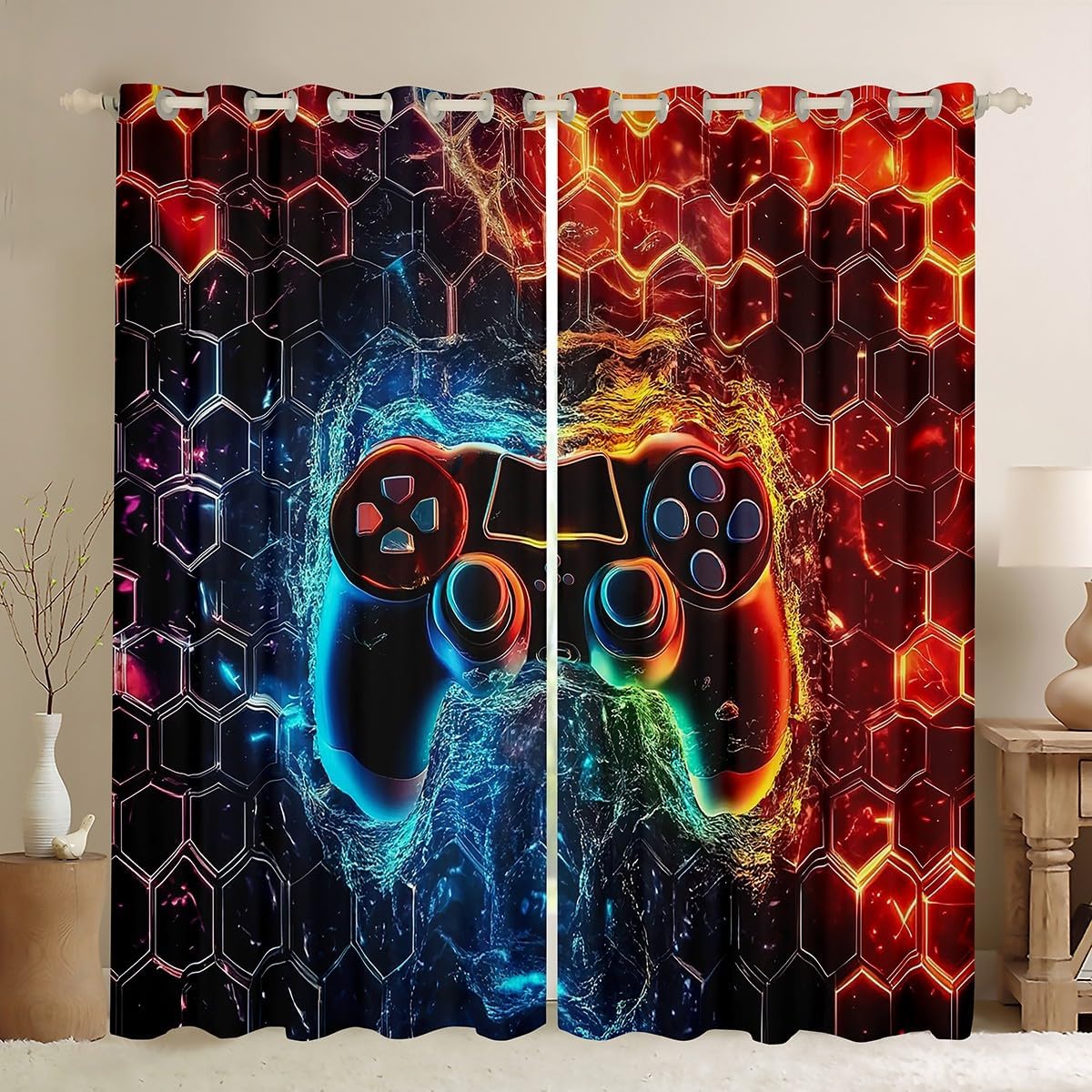Castle Fairy Gamer Window Curtains,Modern Gaming Game Console Kitchen Window Treatments,Neon Honeycomb Hexagon Blackout Window Drapes for Home Decor, 2 Panels, 42Wx63L inch