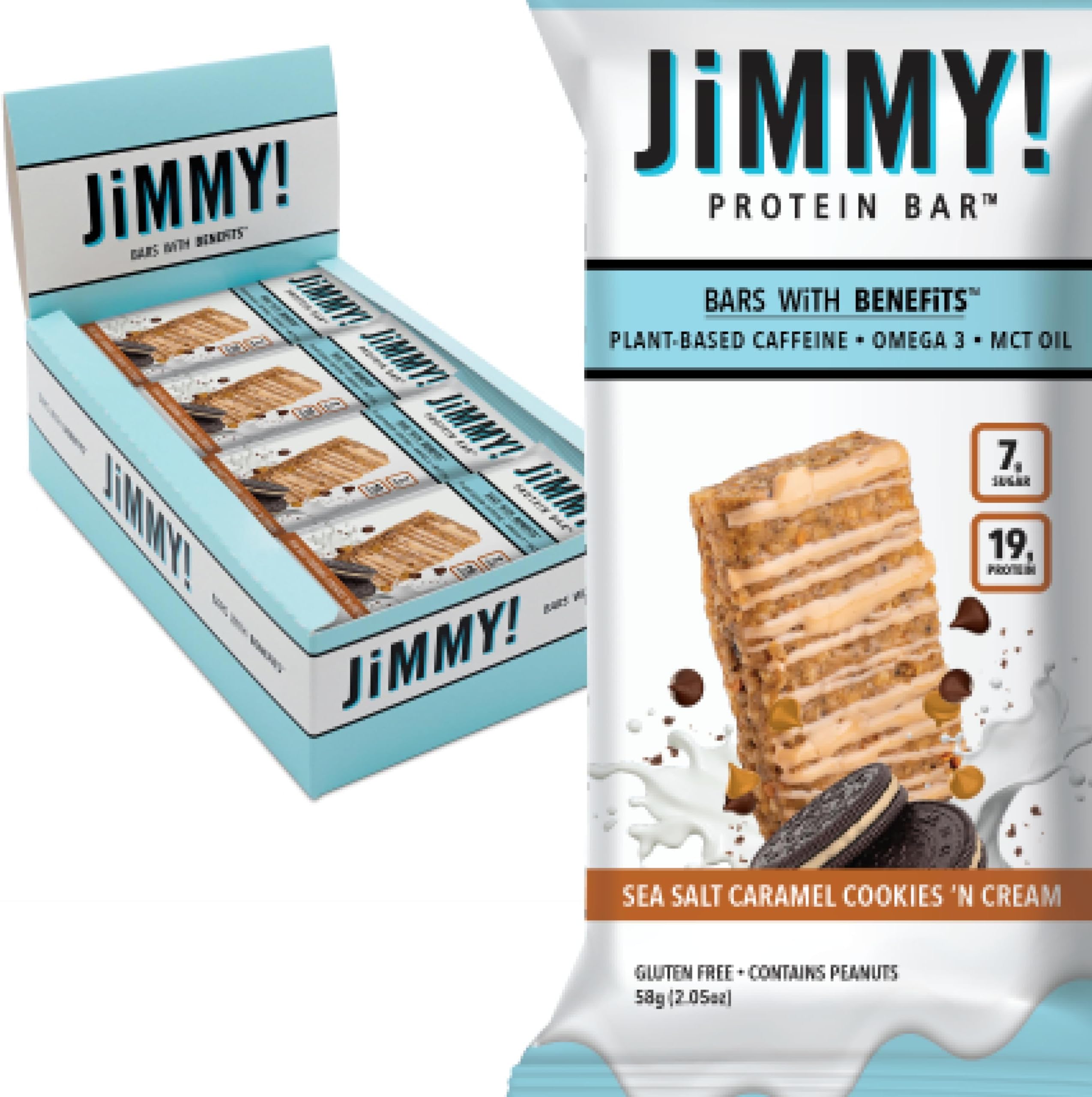- JiMMYBAR! - Sea Salt Caramel Cookies N' Cream - 19g High Protein Bars - 7g Sugar - 12 Count - 58g Health Bars - Natural Peanut Butter Core - Caffeinated Protein Bar For Energy- Hand Drizzled Chocolate
