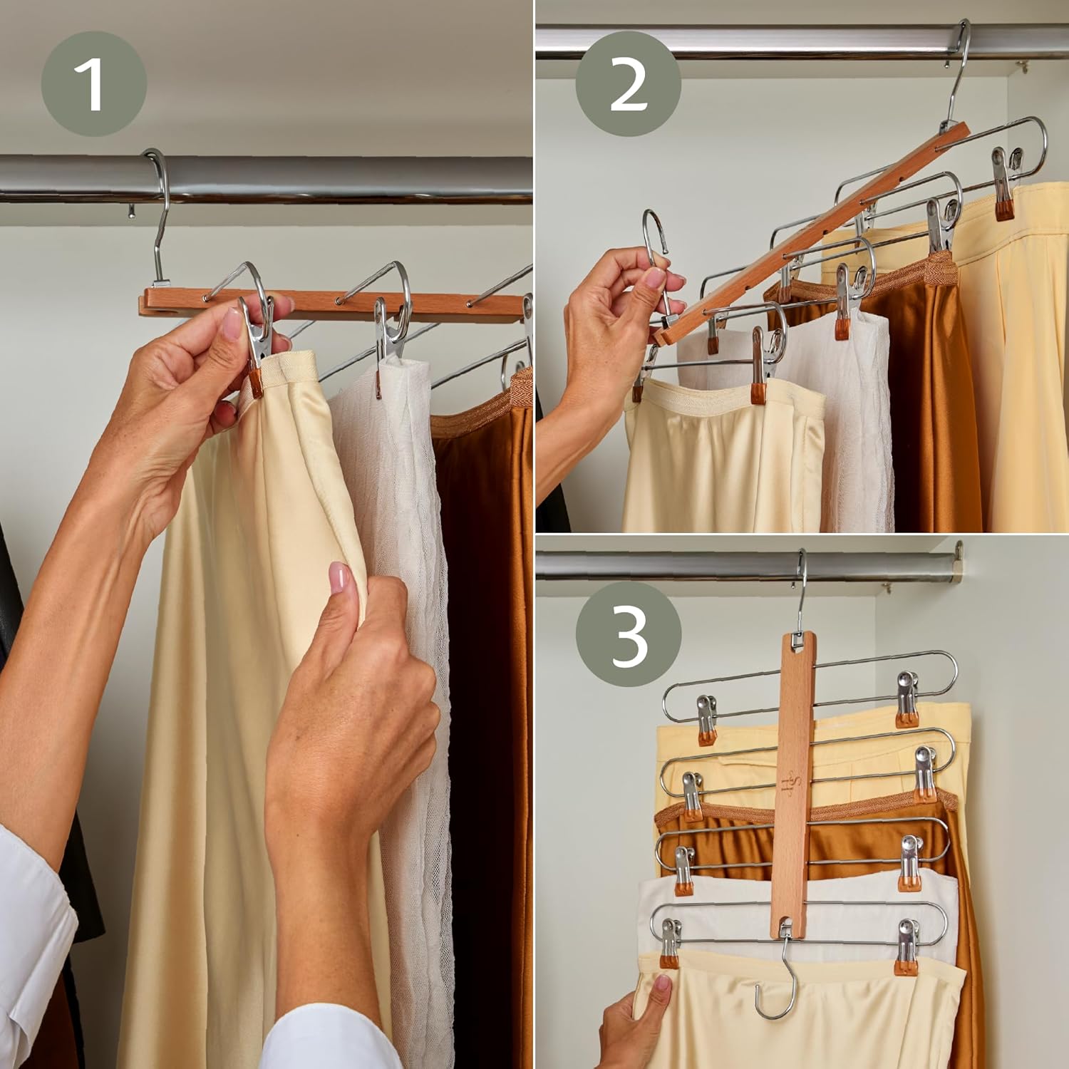 HANGSAGE Skirts Hangers, 2-Pack Space-Saving Beechwood & Metal Skirt Holder, 4 Tiers, 360° Swivel Hook & Adjustable Multi-Clip Design, Elegant Closet & Wardrobe Organizer