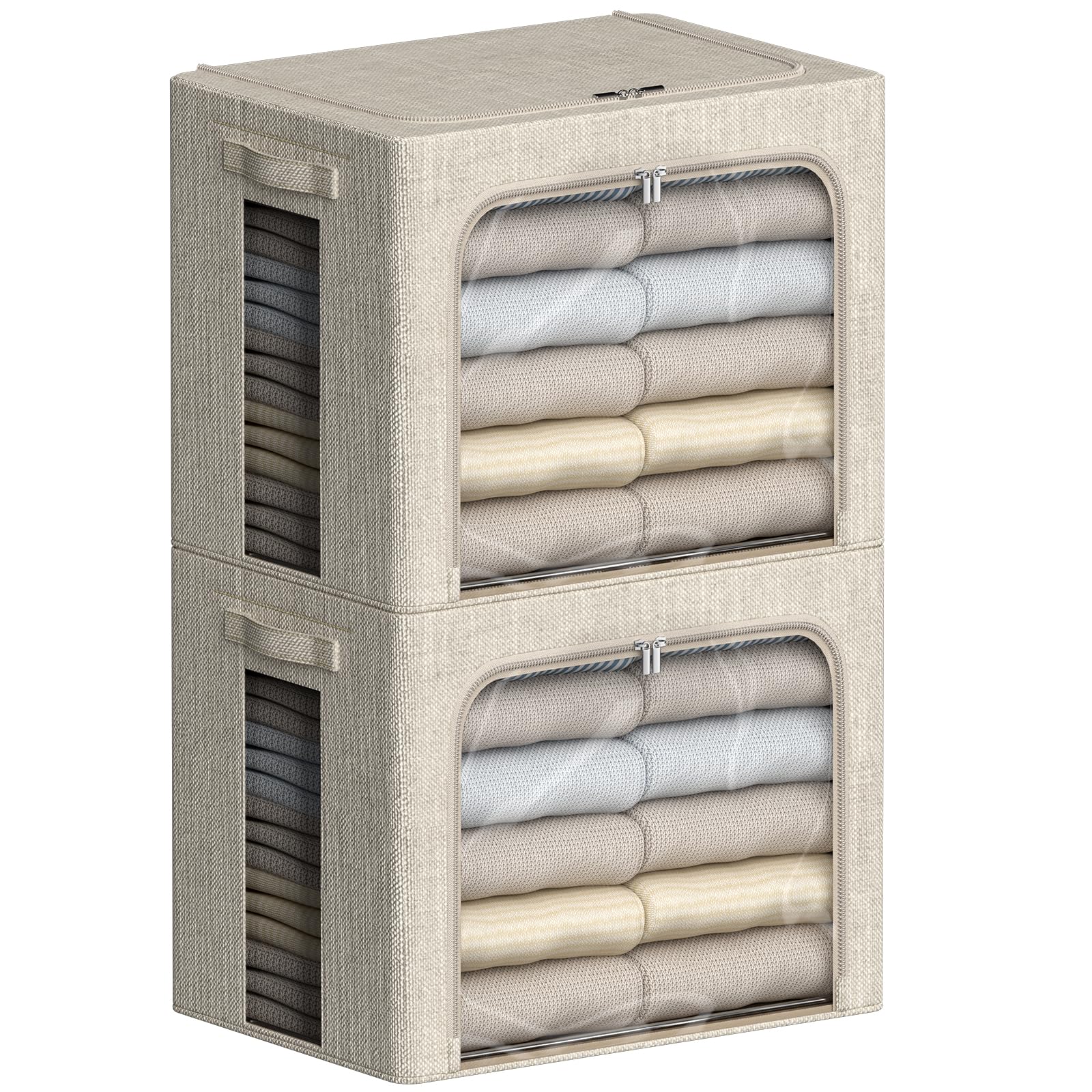FHSQX 2 Pack Clear Window Storage Bins - Large Stackable Linen Fabric Storage for Clothes Foldable Container Organizer Set with Carrying Handles (Beige, 16.5x 12.2x 12.2Inch)
