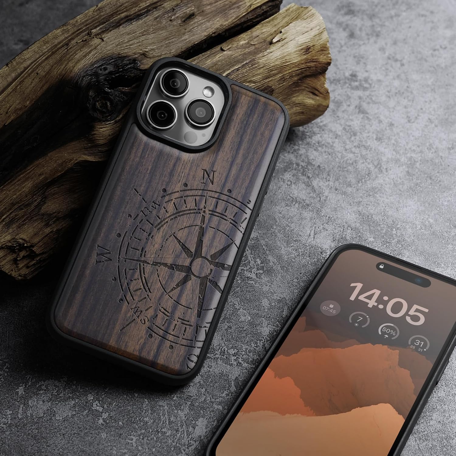 Carveit Magnetic Wooden Case for iPhone 16 Pro Case, Wood Artisan Engraved & Black Soft TPU Shockproof Cover, Compatible with MagSafe Wireless Chargers (The Incomplete Compass) Blackwood