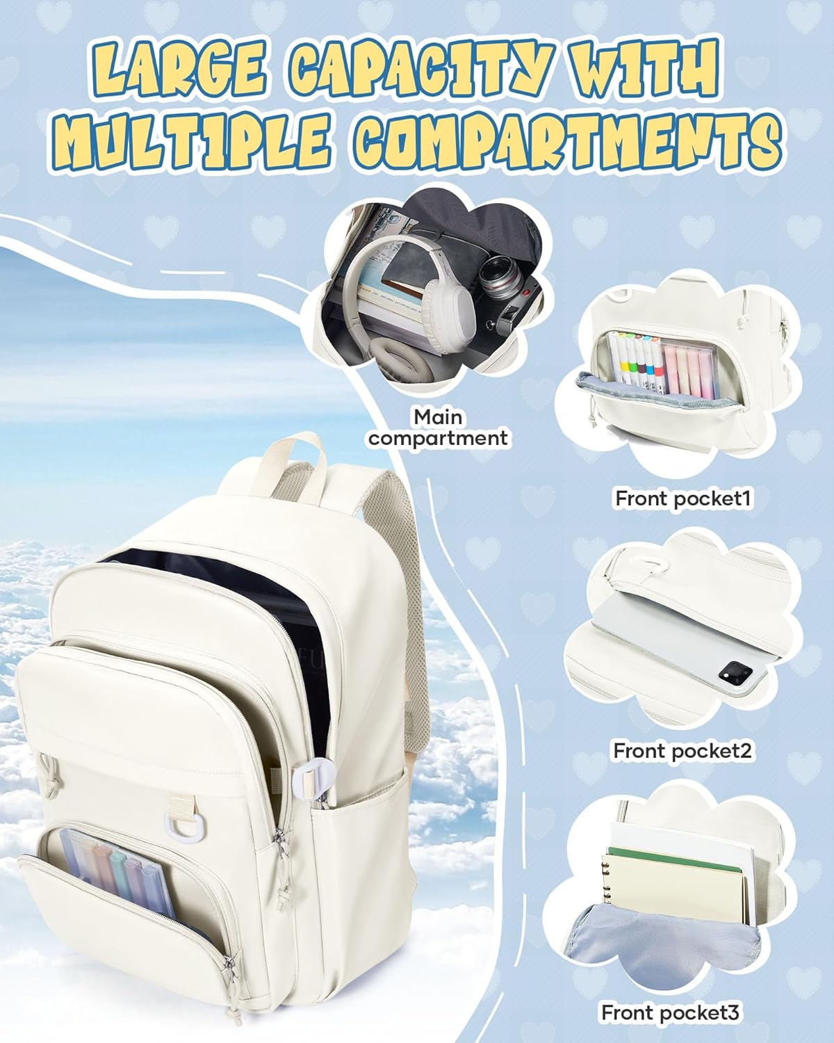 Lightweight Backpack for College & High School Backpack With Lots of Pockets Cute School Bag for Girls Boys, Large Capacity Bookbag for Women Men, Waterproof Teens Casual Daypack Backpack(Beige) - Image 3