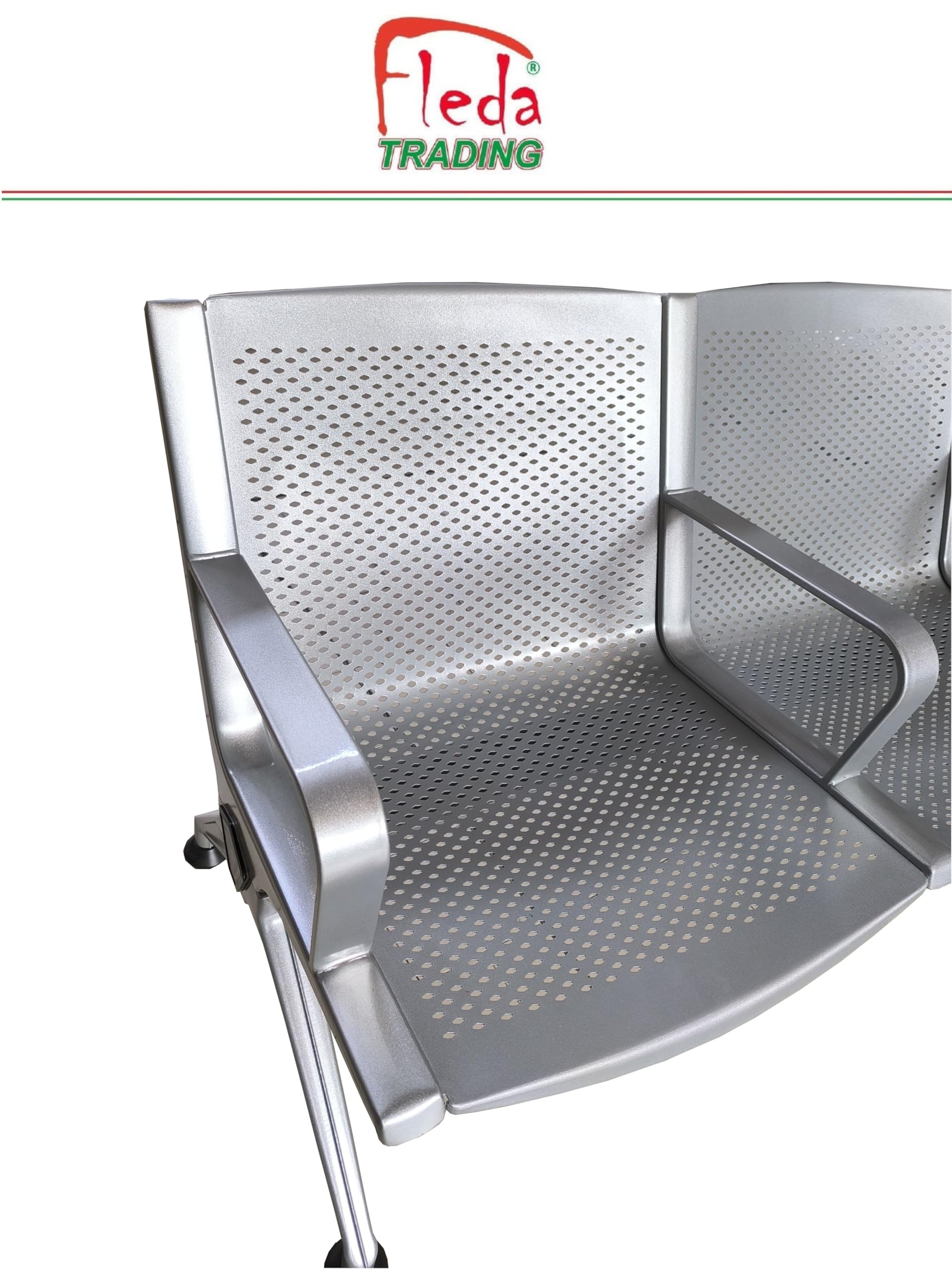 Panca in Metallo per Sala d'Attesa 3 Posti, Sedute Ufficio in Acciaio Verniciato Grigio con Lamiera Traforata Sagomata, Design Elegante e Moderno per Studio Professionale, 175x68x77 cm