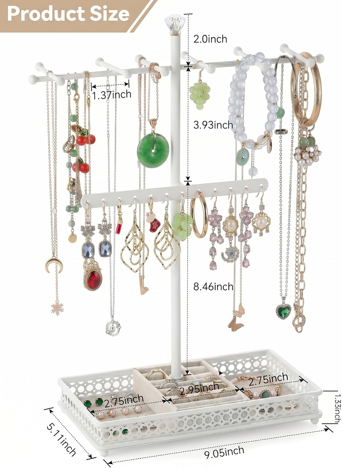 Meangood Jewelry Organizer Stand, 15.6" H Jewelry Tree Display Holder Stand for Bracelets Necklaces Earrings Rings, Gift for Women Girls (White)