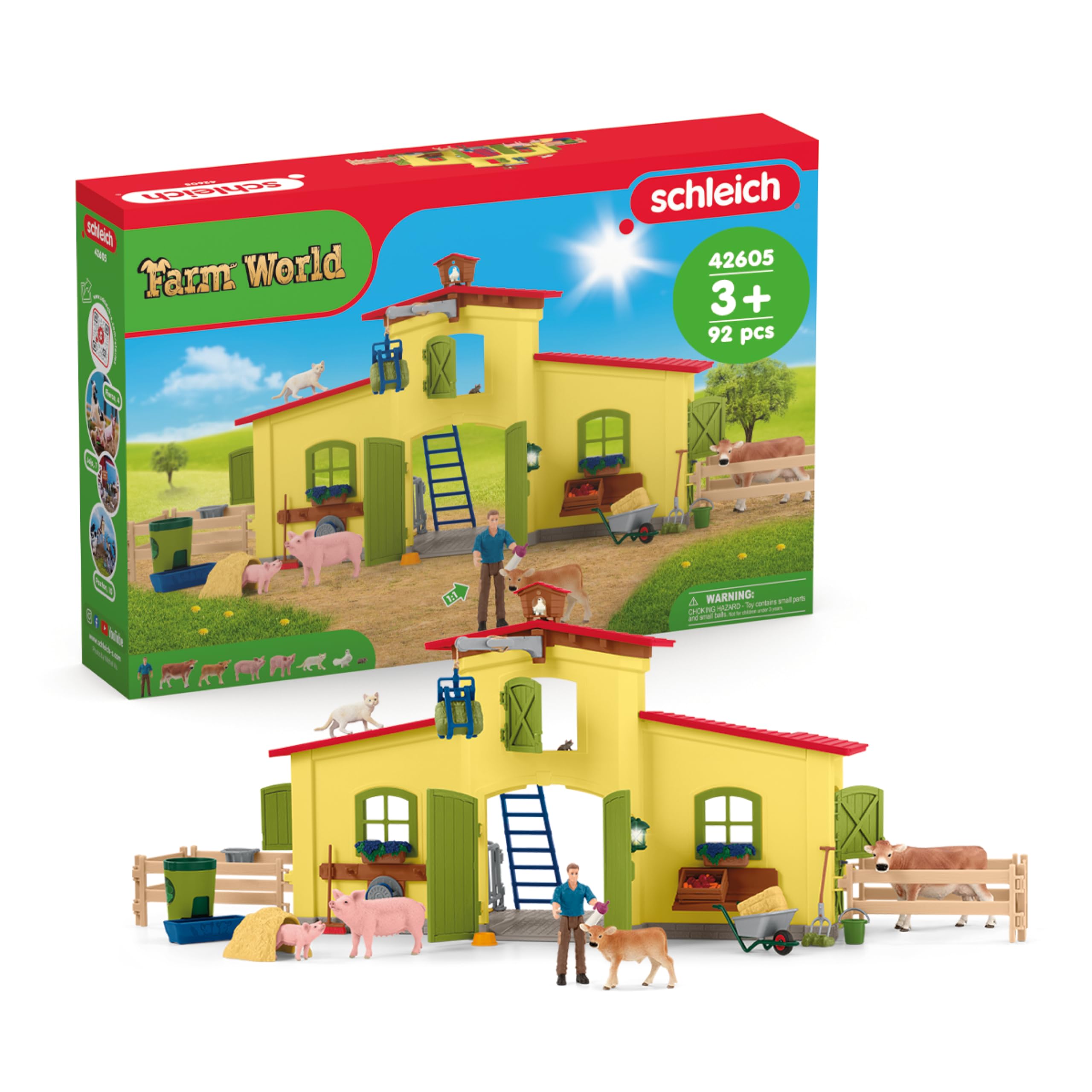 Schleich Farm World | Große Farm mit Bauernhaus 42605 | 92 Teile | Set inkl. Haus, Bauer, Kuh, Schwein, Katze, Maus & Zubehör | detailgetreues Bauernhof Spielzeug für Mädchen & Jungen ab 3 Jah