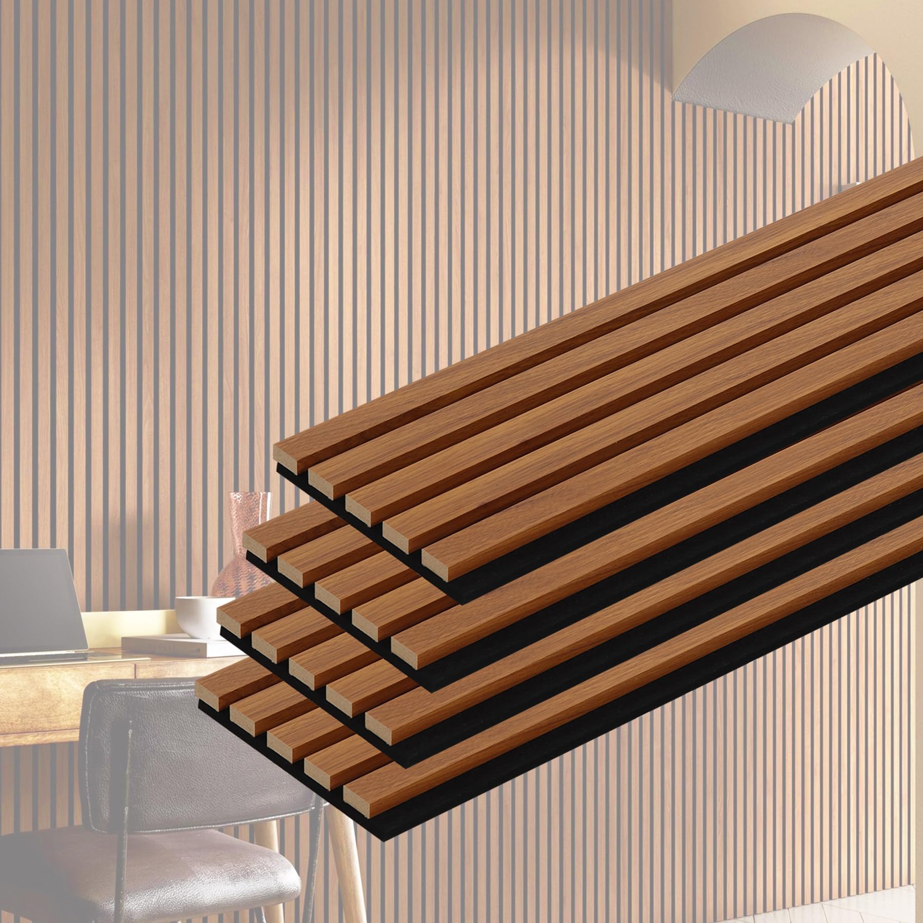 Photo 1 of QDYMXUN Wood Slat Acoustic Wall Panels, 4-Pack 94.5'' x 7.9'' 3D Fluted Sound Absorbing Paneling for Interior Accent Wall Decor, Living Room (Natural Walnut)