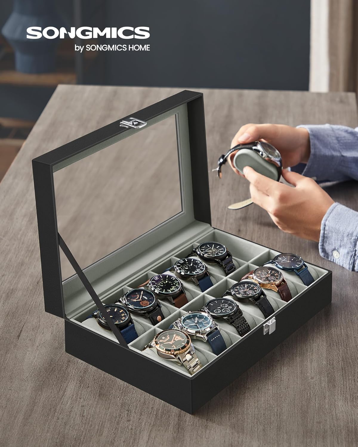 SONGMICS Watch Box, 12-Slot Watch Case Organizer with Large Glass Lid, Removable Pillows, Gift for Loved Ones, Black Synthetic Leather, Gray Lining UJWB12BK