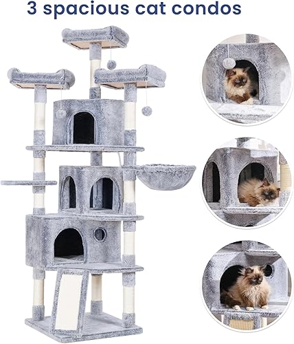 Miniatura 6 de Hey-brother Árbol para gatos XL, torre para gatos de 73.4 pulgadas con 3 cuevas, 3 perchas acogedoras, postes rascadores, tabla, centro de