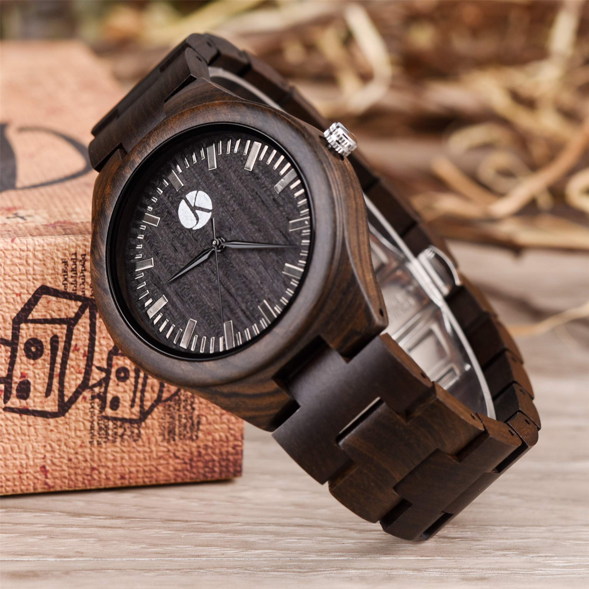 Kim Johanson Herren Ebenholz Armbanduhr *Dark Star* in Braun/Schwarz mit Einem Gliederarmband Handgefertigt Quarz Analog Uhr inkl. Geschenkbox