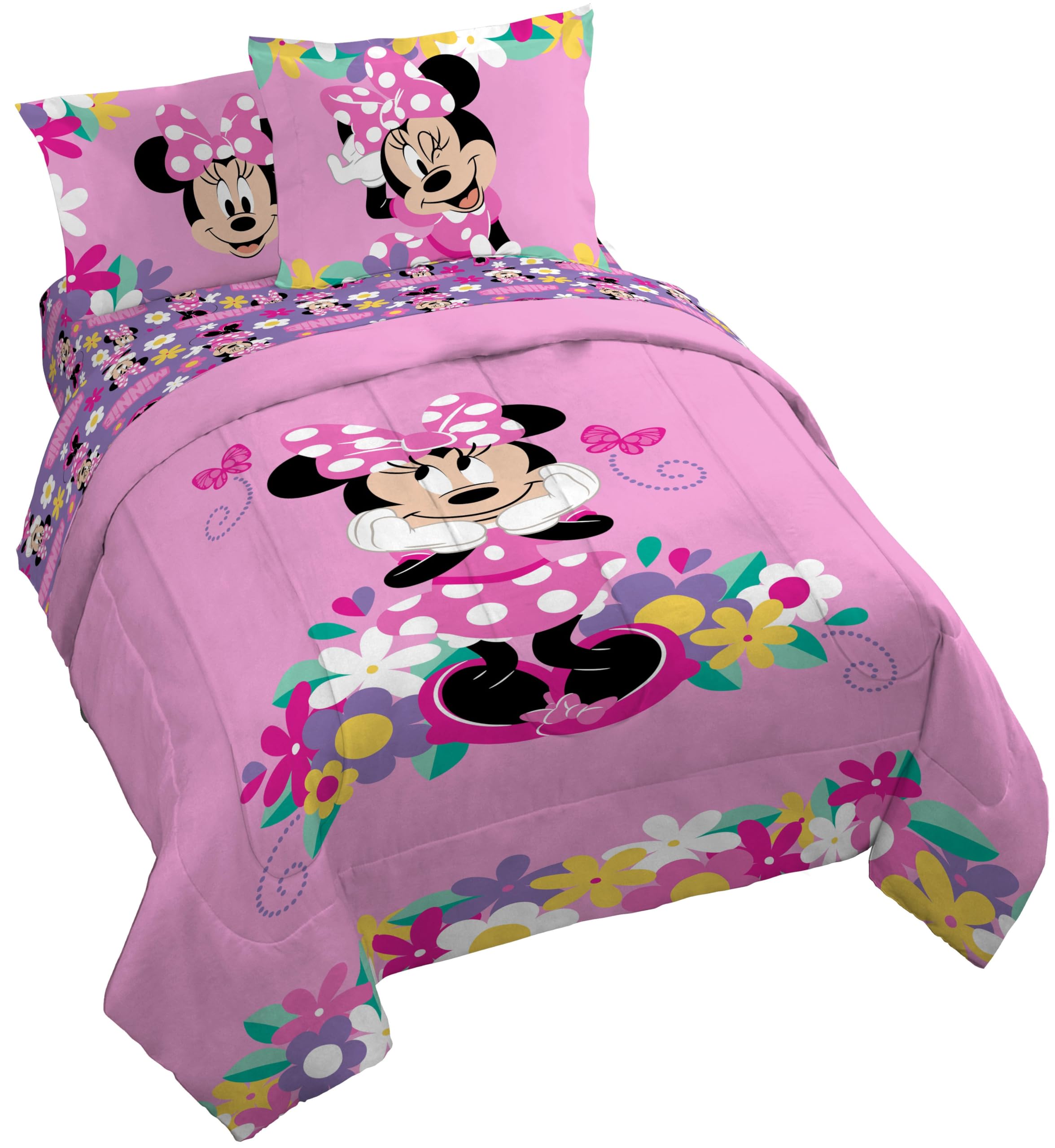 Jay Franco Kids Comforter Set Includes Sheets and Pillow Covers - Soft and Cozy Bed Set for Stylish Room Decor, Pink - Minnie Mouse 02, 7 Piece Queen Size Bedding