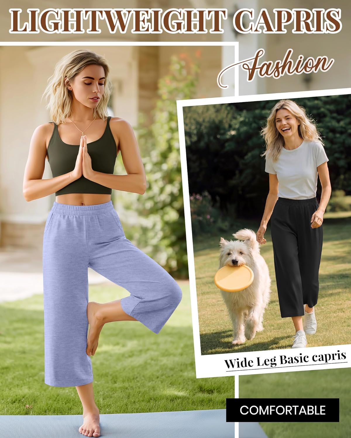 3 Pack Women's Capris Pants Wide Leg Lightweight Sweatpants Loose Yoga Crop Pants Elastic Soft Capri with Pockets