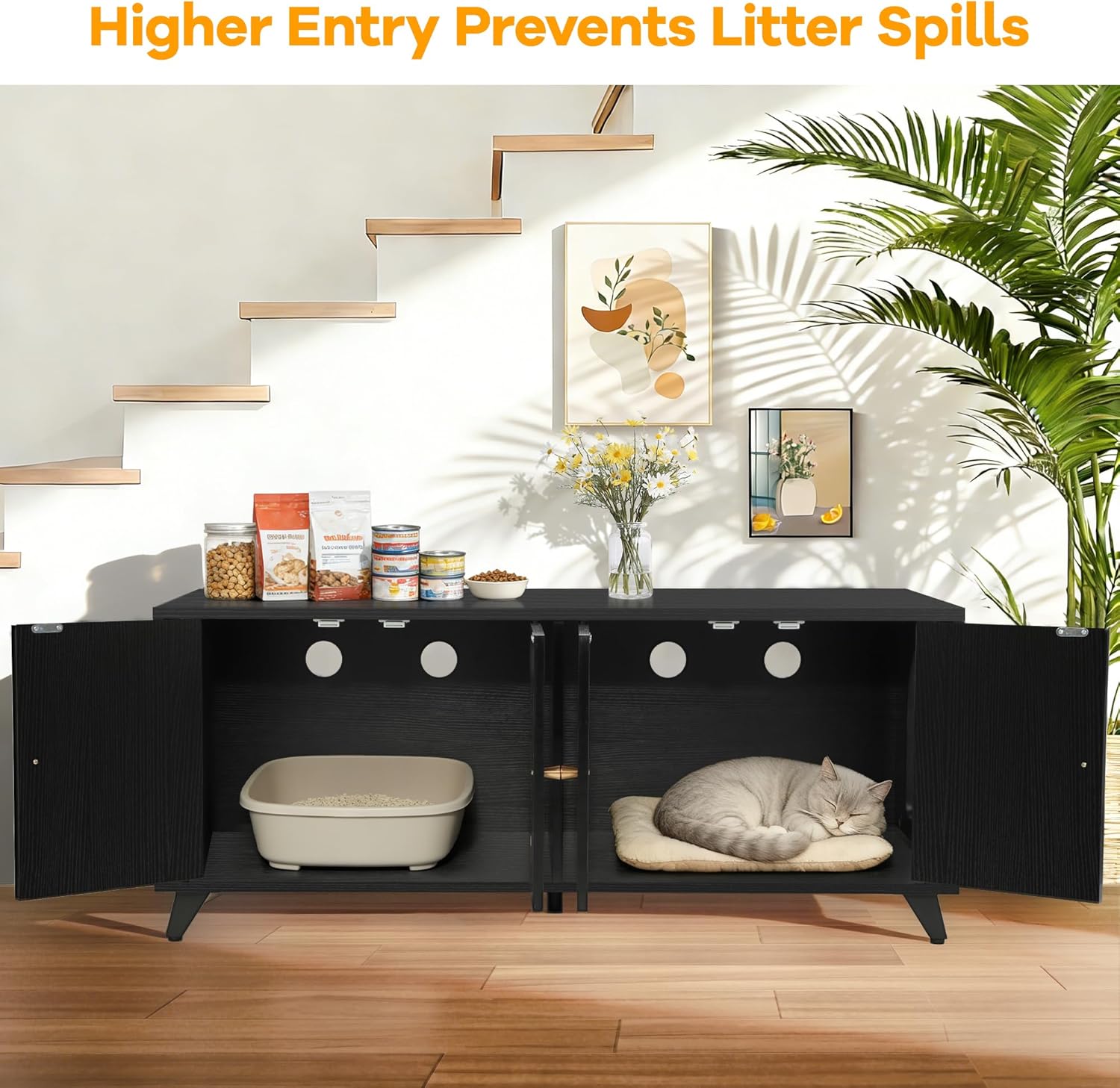Double Cat Litter Box Enclosure for 2 Cats, Hidden Litter Box Furniture with Double Room Side Entrance, Modern Indoor Cat House Wooden Washroom Furniture (Black)
