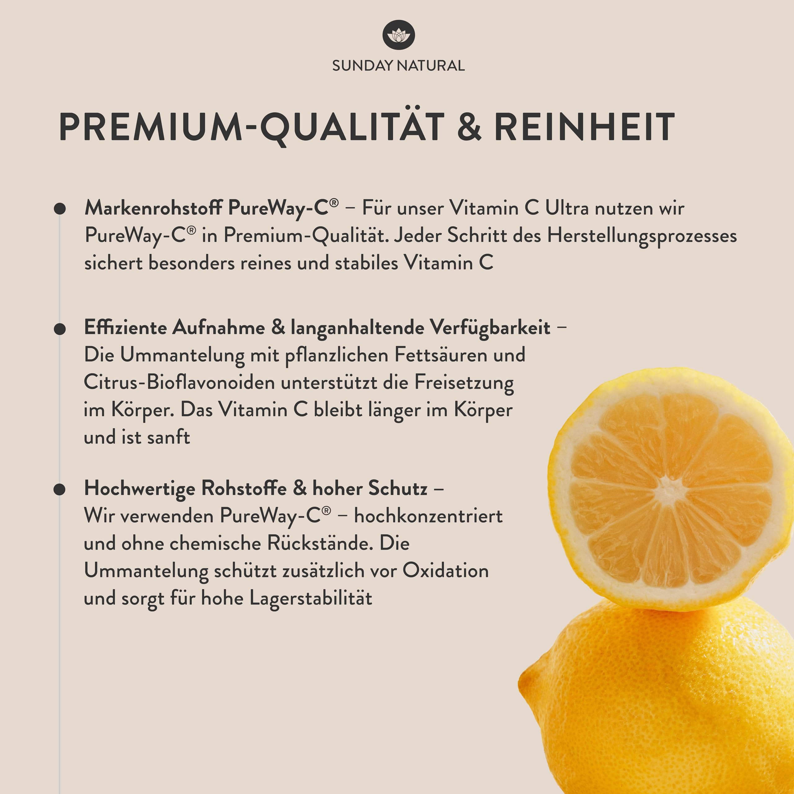 SUNDAY NATURAL® Vitamin C – 1000 mg Vitamin C – exklusiver PureWay® Komplex aus den USA – schnelle Absorption, mit Bioflavonoiden – laborgeprüft, ohne unnötige Zusätze – 240 Kapseln
