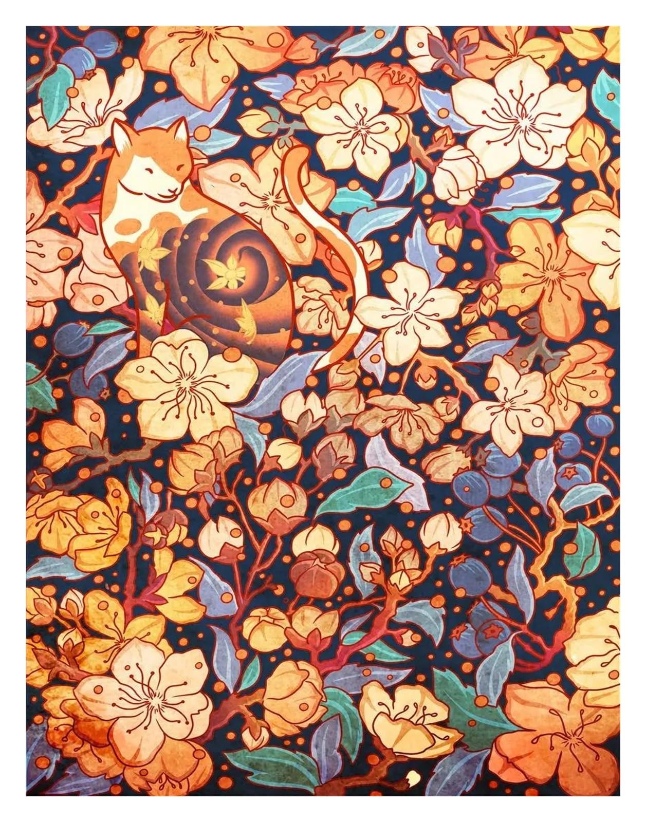 Tableau chat et fleurs 40x60cm en toile imprimée moderne pour salon