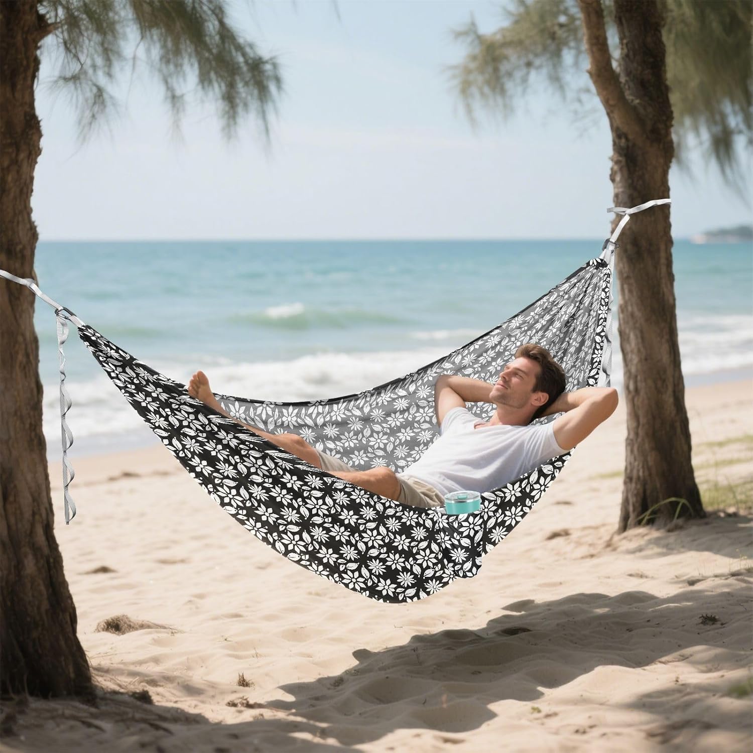 ALAZA White Geometric Floral Camping Hammocks Single or 2 Person 500 lbs Portable Parachute Travel Hammock w/Tree Straps for Hiking Backpacking Indoor Outdoor