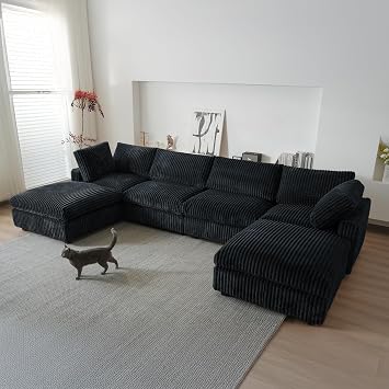 JACH 157" Cloud Modular Couches for Living Room, Convertible Sectional Couch, Modern Deep Seat Sleeper Sofa, Sofa Covers Removable, Fluffy Sofas with Chaise Ottomans for Party Apartment Black