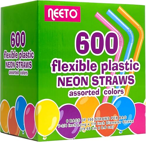 Miniatura 5 de Neeto Pajitas de plástico neón de 7.75 pulgadas, 600 unidades