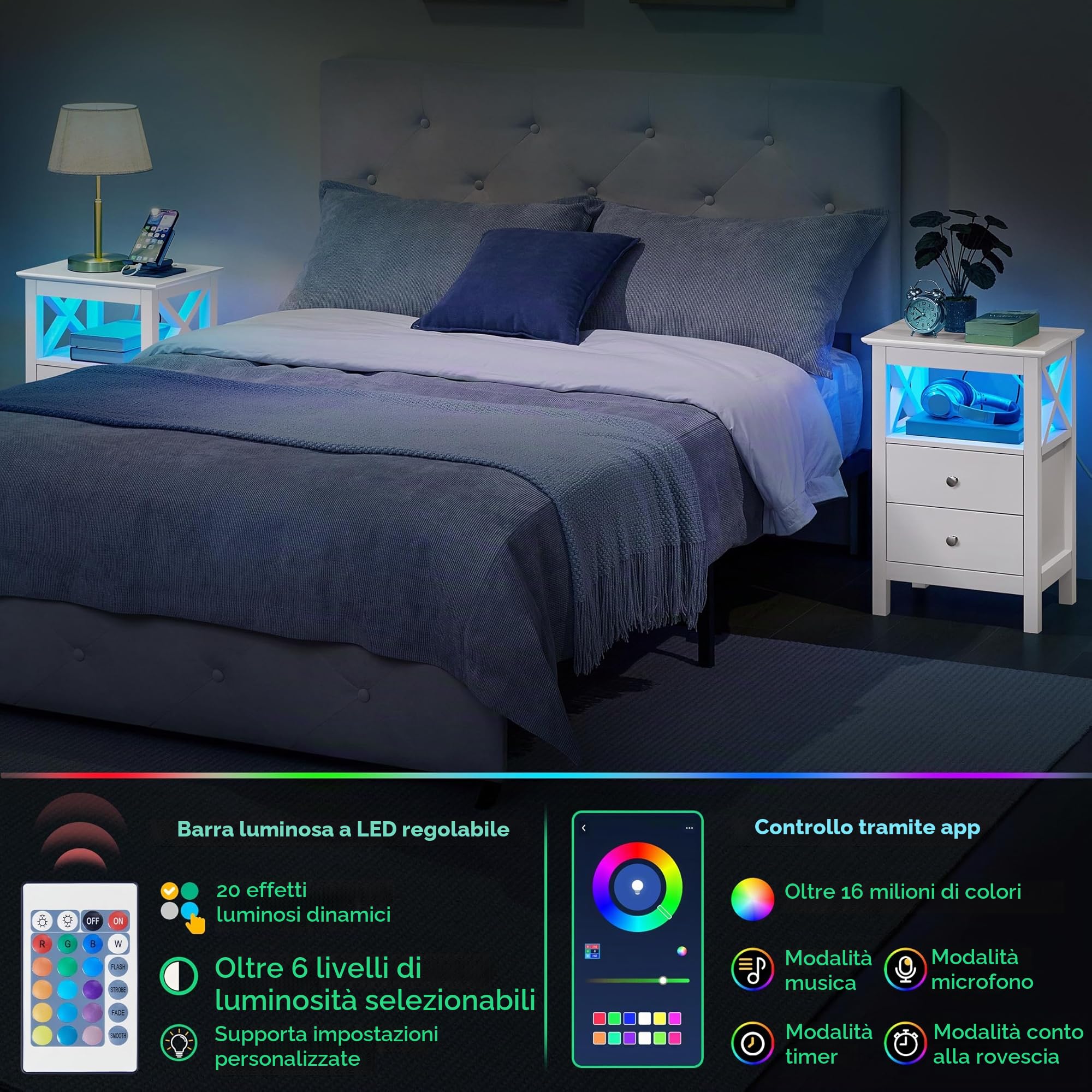 Yaheetech Comodino LED e Stazione Ricarica 2 Cassetti 1 Ripiano Aperto | Stazione di Ricarica Integrata USB e AC, Illuminazione LED Regolabile, Funzione Smart per Camera da Letto Moderna
