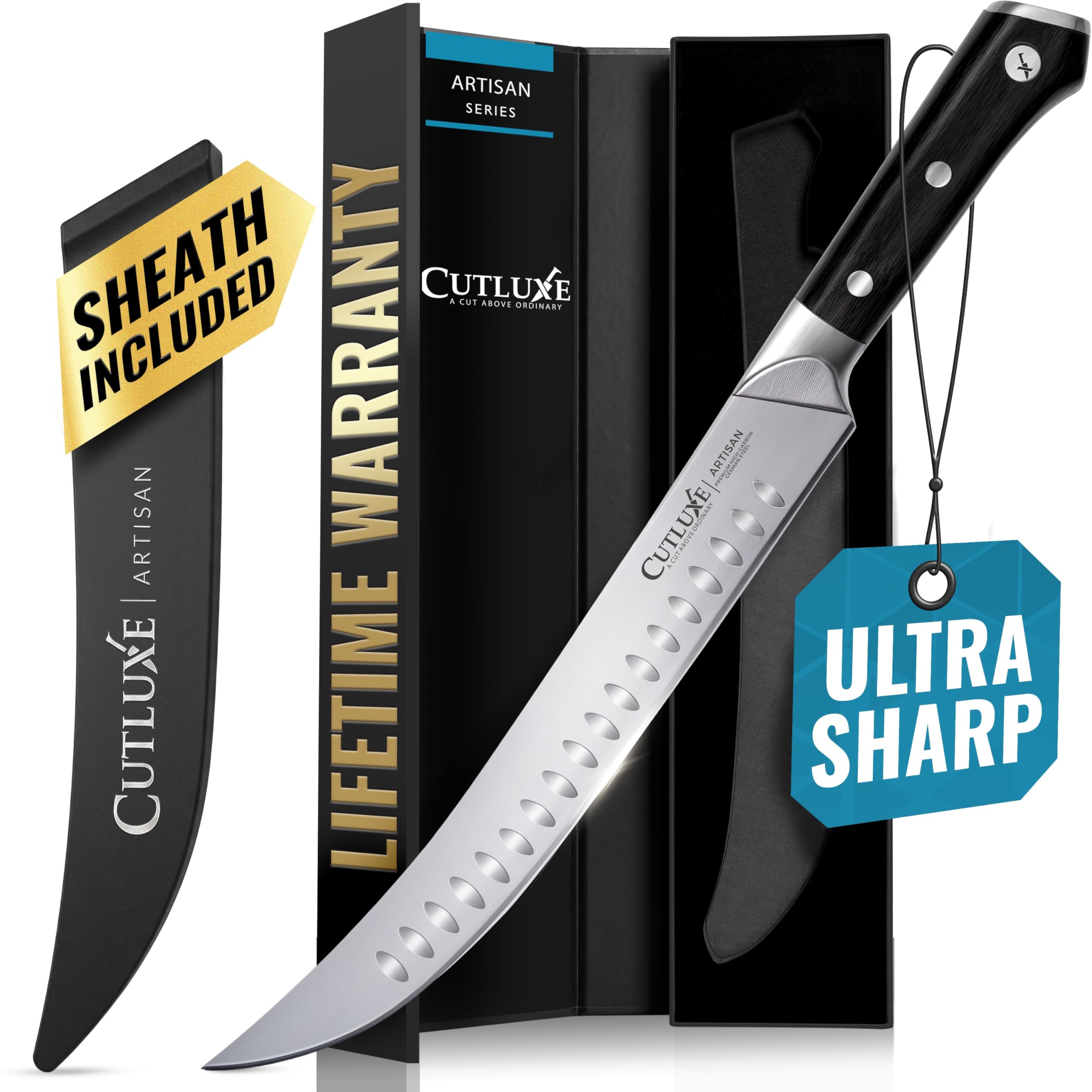 Cutluxe Butcher Knife – 10″ Cimeter Breaking Knife, Razor Sharp Forged High Carbon German Steel, Full Tang Meat Carving Knife, Ergonomic Handle Design, Grilling Gifts for Men – Artisan Series