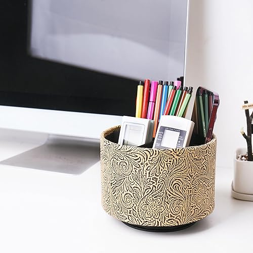 Miniatura 7 de lizimandu Organizador redondo de cuero para suministros de arte, soporte para control remoto, giro de 360 grados, soporte multifuncional para
