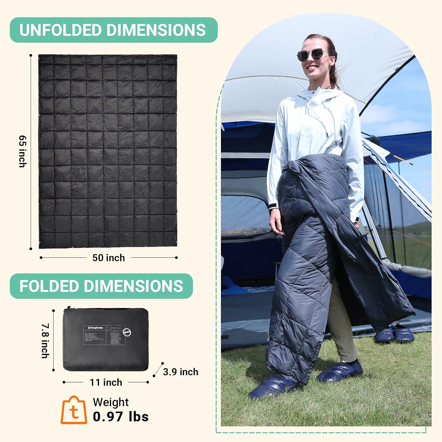 KingCamp Down Camping Blanket - Packable Lightweight Travel Blanket for Cold Weather Backpacking, Compact & Water Resistant & Warm Airplane Quilt 69x53 Black : Sports & Outdoors