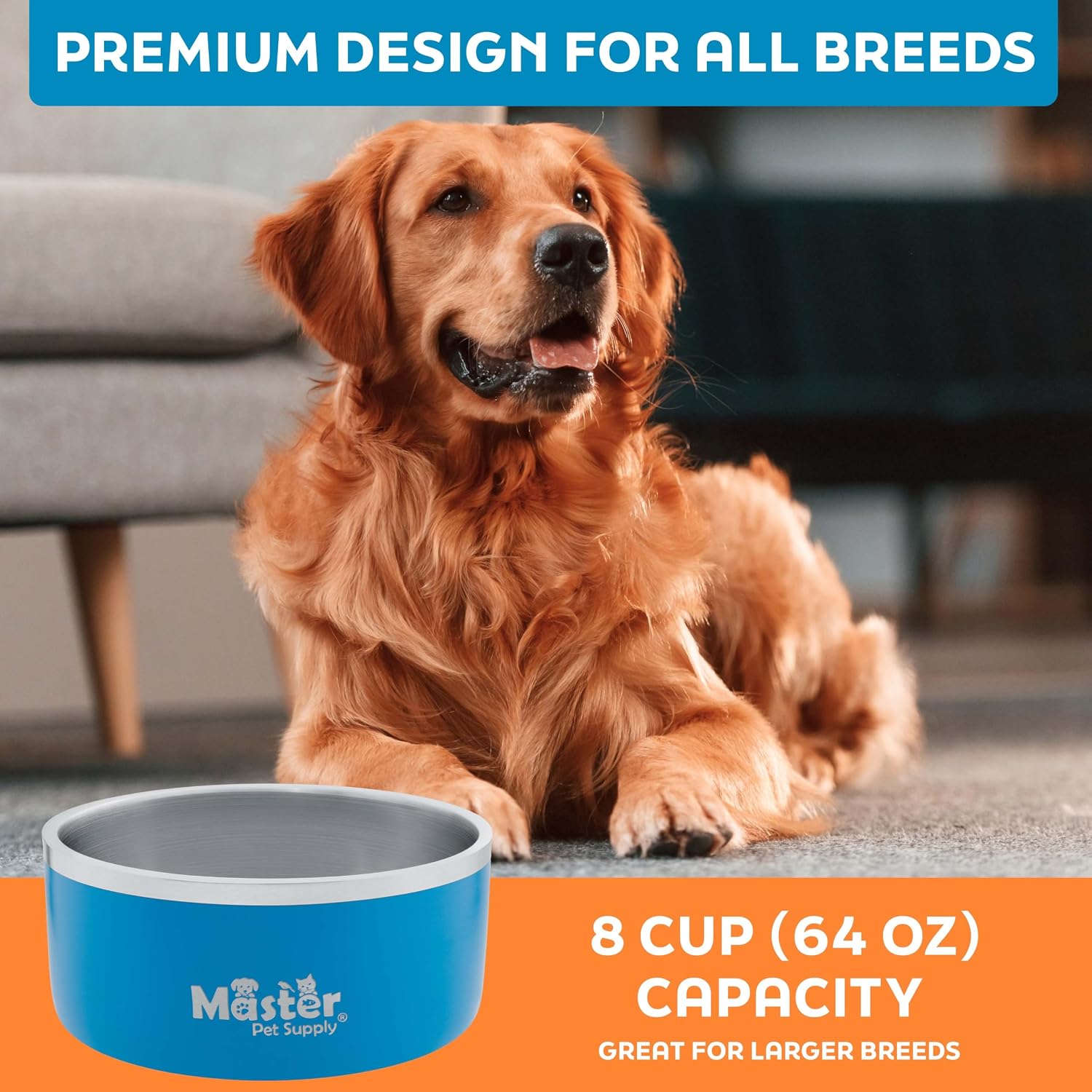 Master Pet Supply Stainless Steel Dog Bowls - 64 oz, Heavy Duty - True Blue, Double Wall Extra-Thick Insulated, Non-Slip Pet Water Bowl for Dogs, Cats & Pets, Anti Rust Metal, Dish Washer Safe