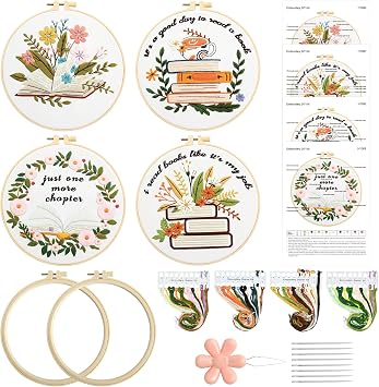 ElasignShopo 4 Set Embroidery Kit for Beginners Adults Book Lovers Embroidery Starter Kit Books Flowers Pattern Hand Crewel Cross Stitch Kits Includes Instruction 2 Hoops Color Threads Needles