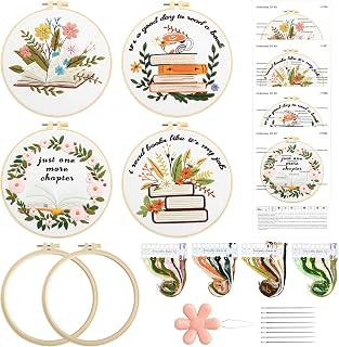 ElasignShopo 4 Set Embroidery Kit for Beginners Adults Book Lovers Embroidery Starter Kit Books Flowers Pattern Hand Crewel Cross Stitch Kits Includes Instruction 2 Hoops Color Threads Needles