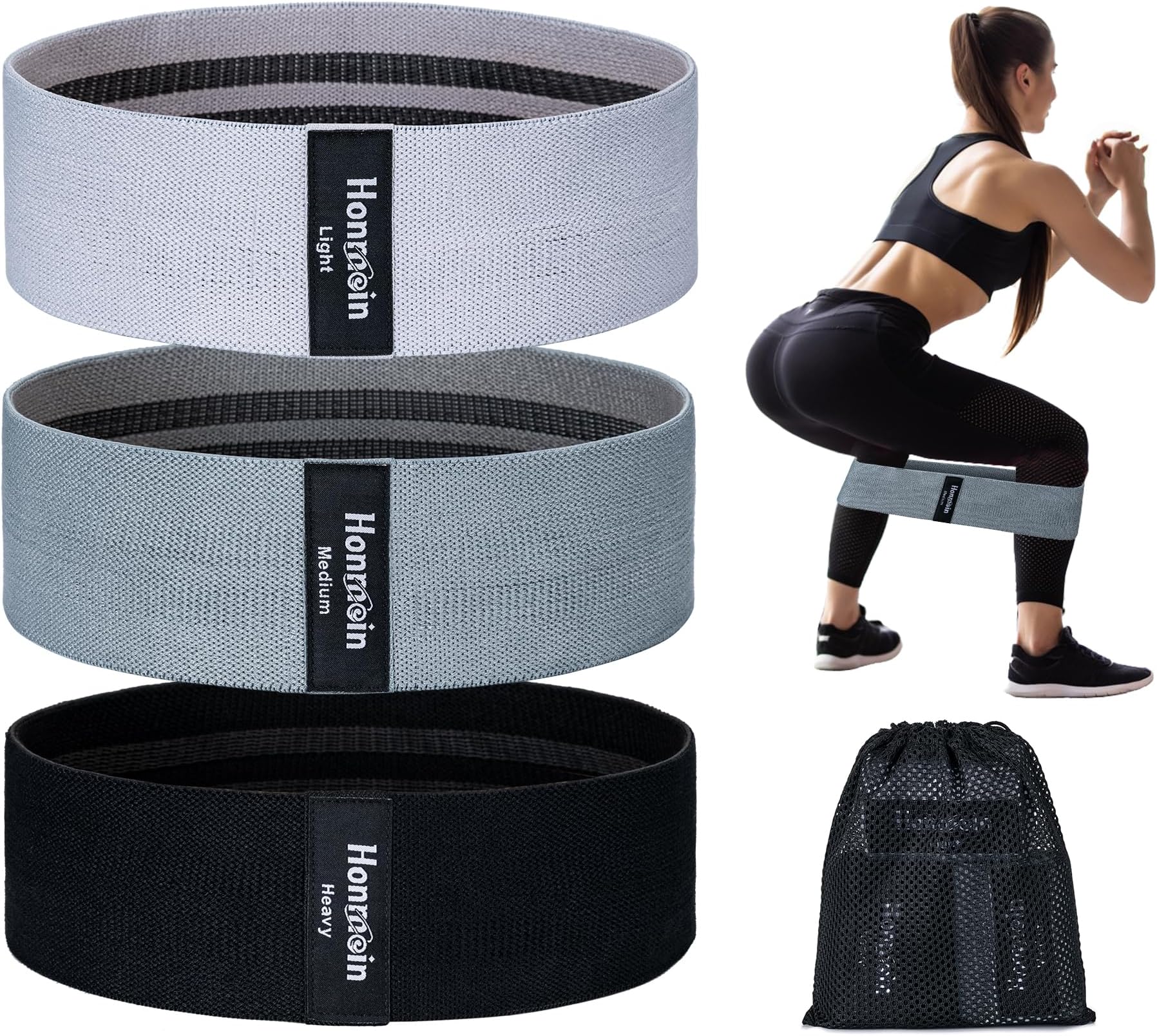 Honmein Resistance Bands for Working Out, 3 Levels Exercise Bands Workout Bands Set for Women Men, Hip Legs Booty Bands for Home Fitness, Gym, Yoga, Pilates