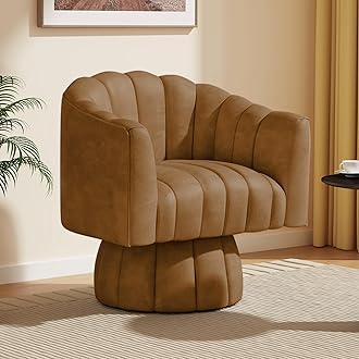 Dewhut Modern 360 Degree Leather Swivel Cuddle Barrel Accent Sofa Chairs, Round Armchairs with Wide Upholstered, Leather Reading Chair for Living Room, Bedroom, Office, Waiting Rooms, (Brown)