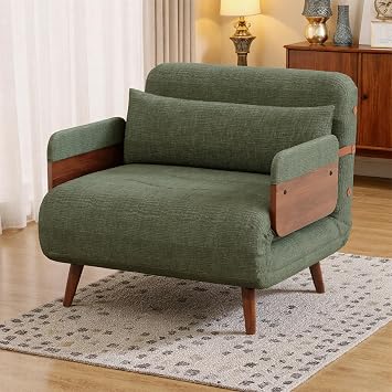 Chair Bed Sleeper for Adults with Wooden Armrests, 3-in-1 Convertible Single Sofa Bed, Adjustable Folding Guest Bed, Chenille Sofa Chair for Living Room Bedroom Office, Sage Green, 90cm Wide