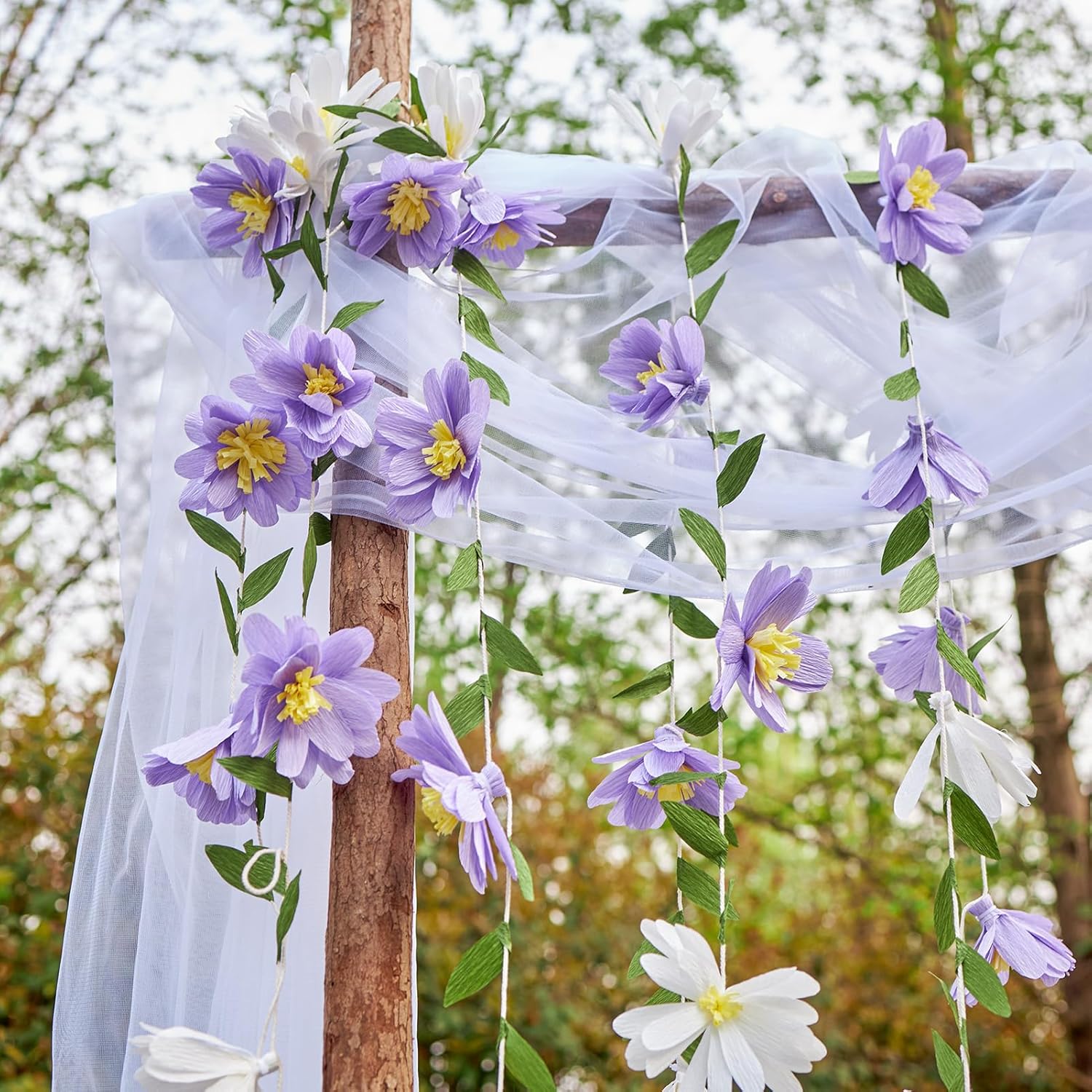 EASY JOY Crepe Paper Flowers Banner White Purple Spring Flower Garland Hanging Paper Florid Garland Leaves Banner for Spring Birthday Wedding Home Decorations - Image 6
